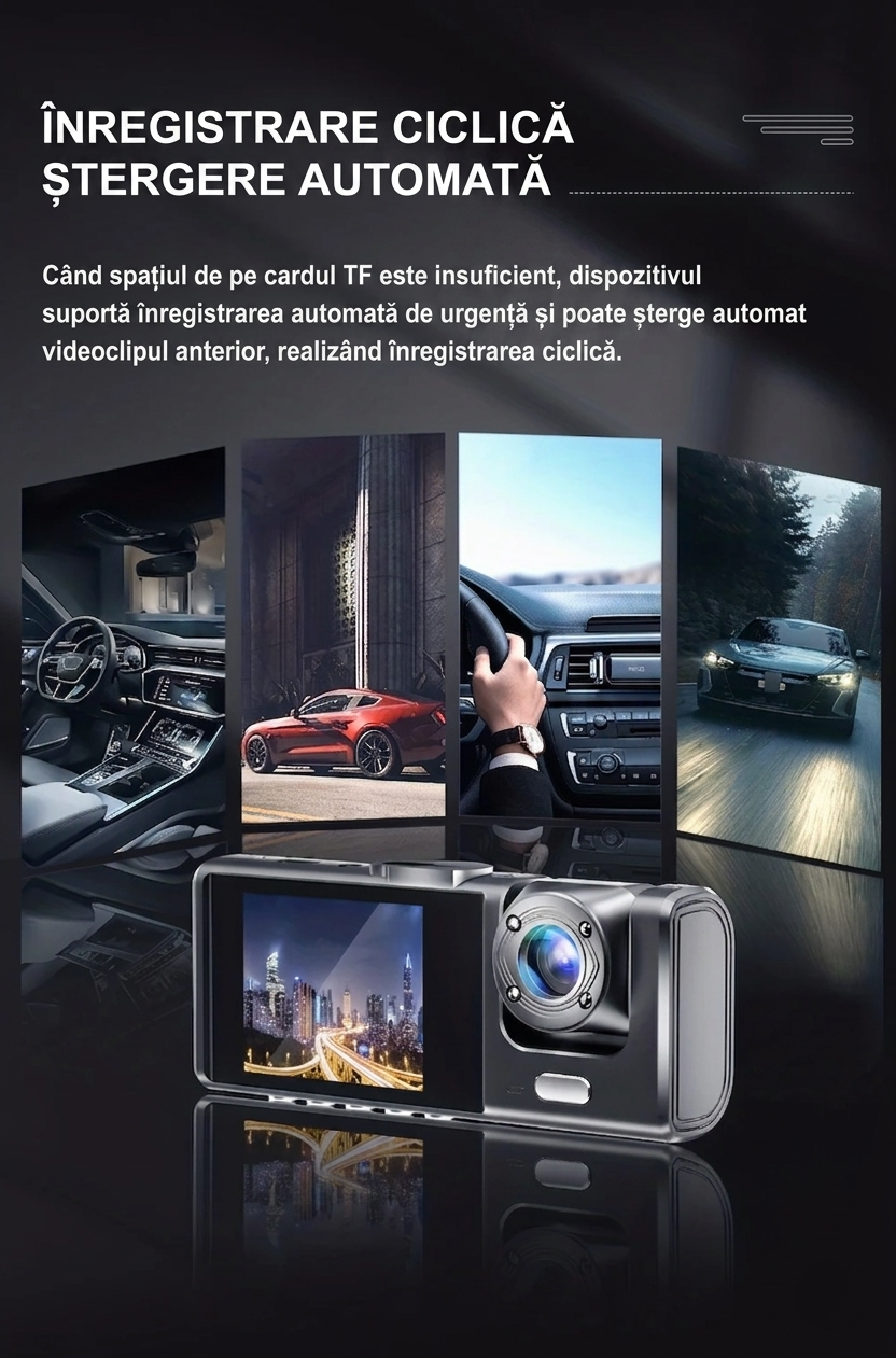 Cameră auto cu triplu obiectiv, 2,1 inch, 1080P, Full HD,G-Sense, înregistrare video