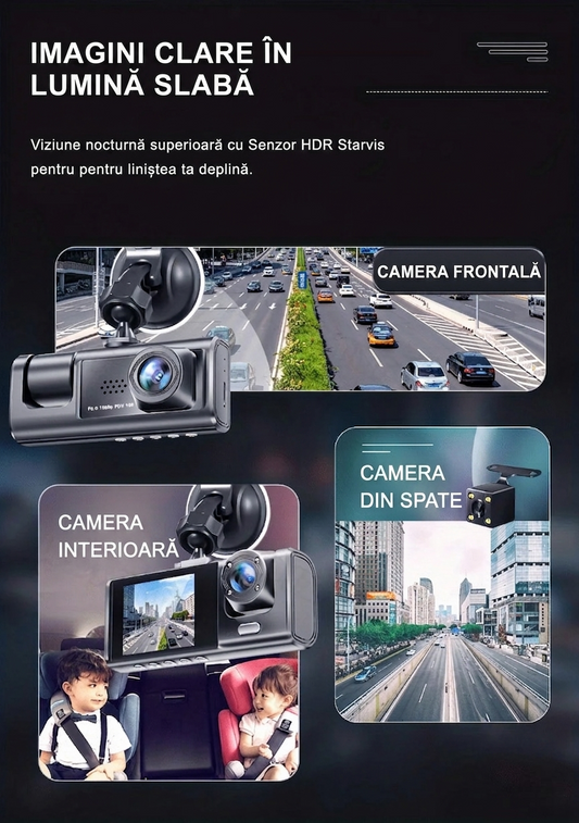 Cameră auto cu triplu obiectiv, 2,1 inch, 1080P, Full HD,G-Sense, înregistrare video