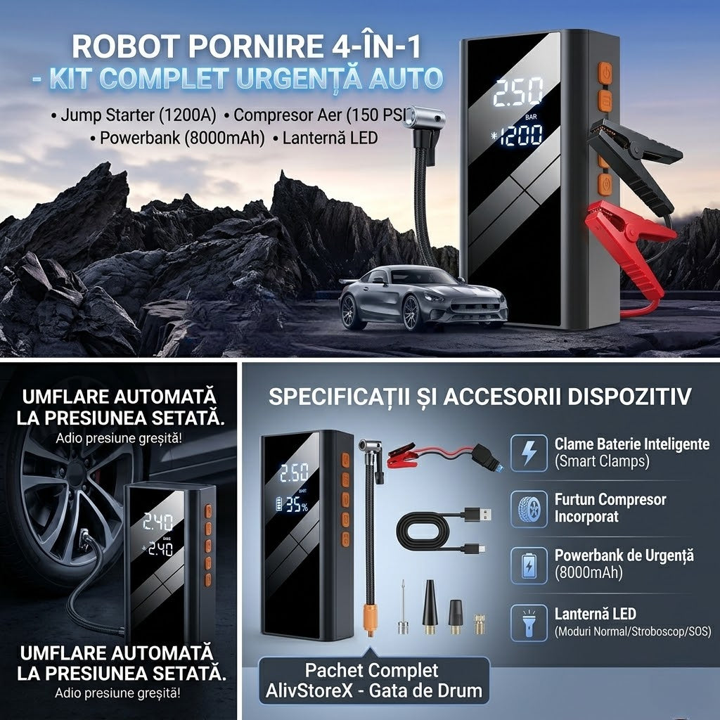 Robot Pornire Auto 4-în-1 AlivStoreX: Jump Starter 1200A + Compresor Digital + Powerbank