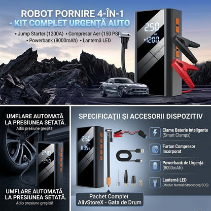 Robot Pornire Auto 4-în-1 AlivStoreX: Jump Starter 1200A + Compresor Digital + Powerbank