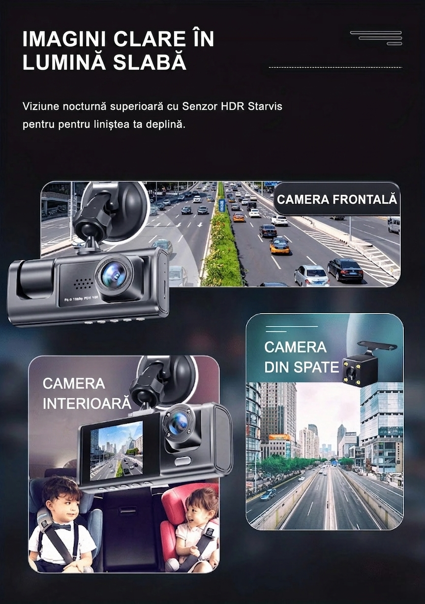 Cameră auto cu triplu obiectiv, 2,1 inch, 1080P, Full HD,G-Sense, înregistrare video